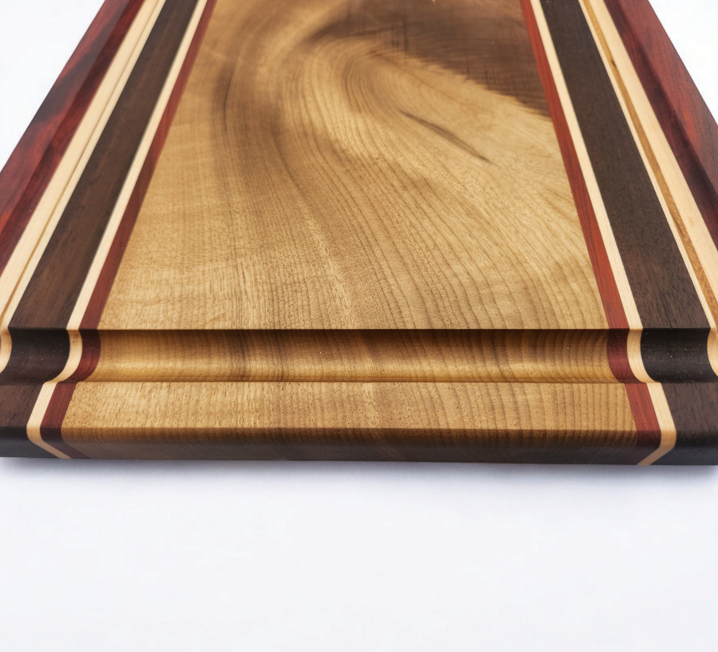 Figured Myrtle Wood, Red Heart, Peruvian Walnut, Maple & Canary Wood Cutting Board