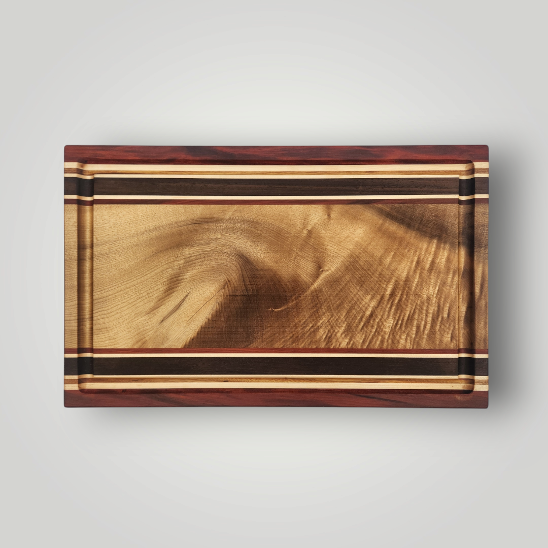 Figured Myrtle Wood, Red Heart, Peruvian Walnut, Maple & Canary Wood Cutting Board